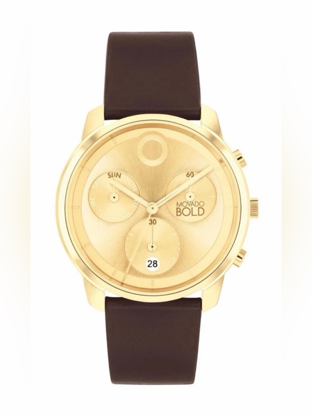 New Movado Bold Men’s Yellow Gold Brown Leather Strap Watch 3601029